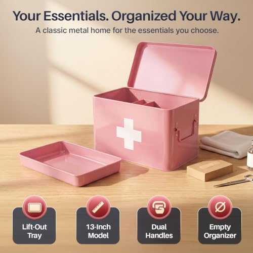 Flexzion Large Metal First Aid Box Empty, 13-Inch, Pink with White Cross - color: Pink, size: 13 Inch without Latch Lock
