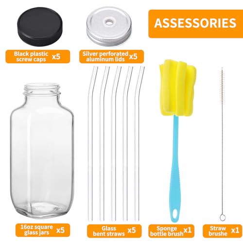 CUCUMI 5pcs 16oz Glass Juice Bottles with Lids - color: 5 Pack, size: 16oz
