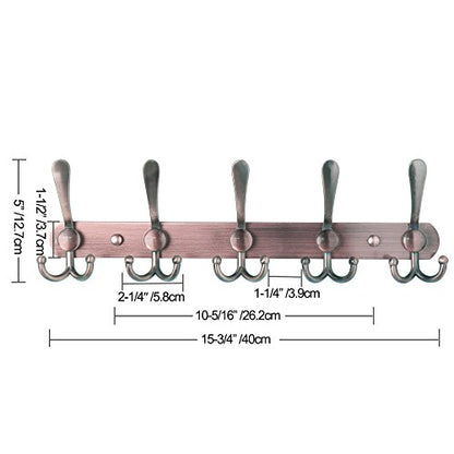 Dseap Wall Mounted Coat Rack - 5 Tri Hooks, Heavy Duty, Stainless Steel, Metal Coat Hook Rail for Coat Hat Towel Purse Robes Mudroom Bathroom Entryway (Antique Copper, 2 Packs) - color: Antique Copper, size: L=16" (2 Pcs)