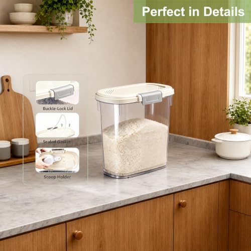 Large Rice Storage Container 15-20 Lbs, Tall Flour Container Dry Food Bin - color: Cream White