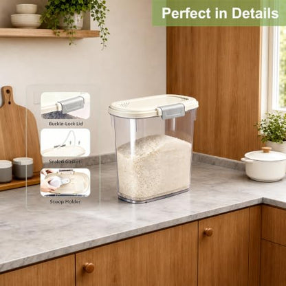 Large Rice Storage Container 15-20 Lbs, Tall Flour Container Dry Food Bin - color: Cream White