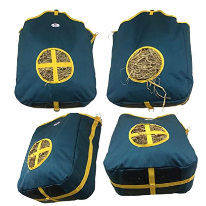 Majestic Ally Nylon Hay Feeder Tote Bag for Horse, Goat, Sheep - Double Sides Open Feed Hole with Faux Leather Ventilated Bottom- Premium Quality -Simulates Grazing - Reduces Waste (Hunter Green) - color: HUNTER GREEN