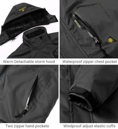 Men's Winter Ski Jacket Warm Fleece Waterproof Outdoor Mountain Hiking Windbreaker Hooded Snow Rain Coat - color: Black, size: Small