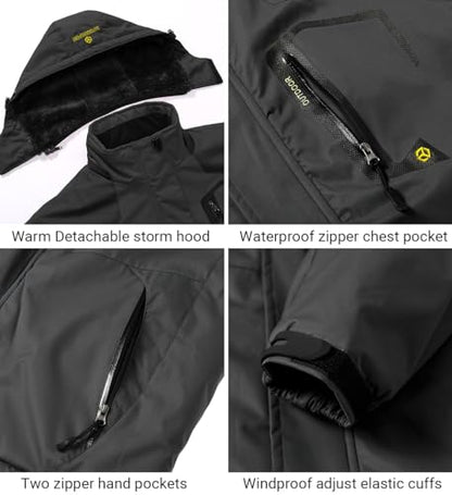 Men's Winter Ski Jacket Warm Fleece Waterproof Outdoor Mountain Hiking Windbreaker Hooded Snow Rain Coat - color: Black, size: Small