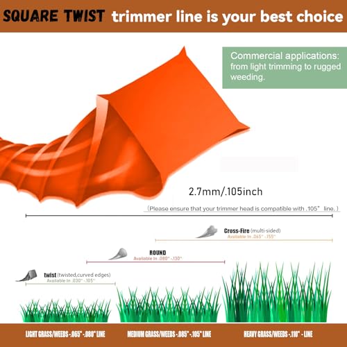 Weed Eater String, Commercial Square Twist .105" Diameter x 302' String Trimmer Line in Spool,Premium Nylon Universal Replacement Weed Wacker String, Orange - size: 302FT x .105 in