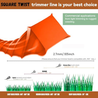 Weed Eater String, Commercial Square Twist .105" Diameter x 302' String Trimmer Line in Spool,Premium Nylon Universal Replacement Weed Wacker String, Orange - size: 302FT x .105 in