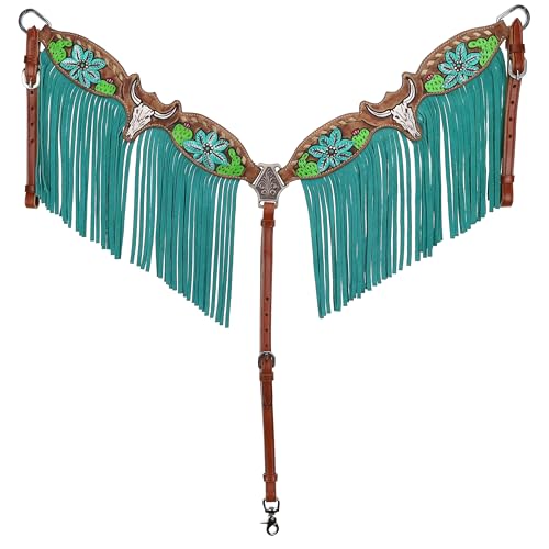 Showman Steer Skull & Cactus Leather Headstall & Breast Collar Set w/Fringe