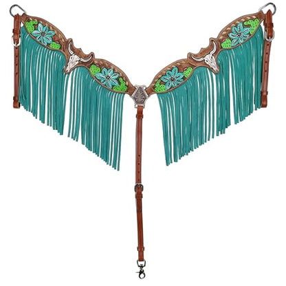 Showman Steer Skull & Cactus Leather Headstall & Breast Collar Set w/Fringe