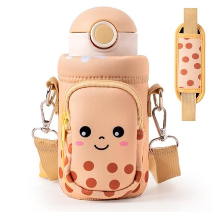 Water Bottle Carrier Bag with Strap for Kids - Water Bottle Bag Holder with Padded Strap Pocket 10/12/14/16/18Oz for Boys Girls School Walking Hiking Camping - style: Bubble Tea
