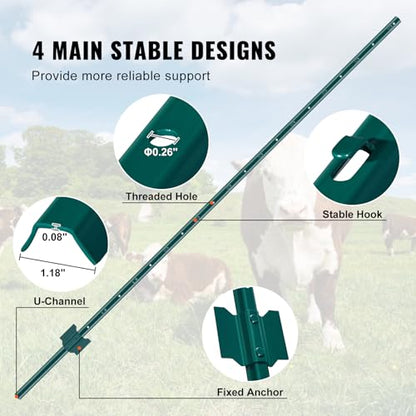 VEVOR 6 Feet U-Channel Metal Fence Post, 6 Pack With 24 Zip Ties & 12 Clips, Sturdy Steel Stakes for Garden Yard, Lawn, Farms and Outdoor Wire Fencing, Green - size: 6 Feet 6 Pack