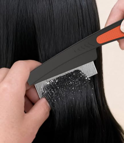 Dandruff Comb Removal 2PC Hollow Fine Tooth Scalp Detox Hair Care Tool | Build Up Flake Lice Comb, 0.5 & 2mm Stainless Steel Teeth, Self Cleaning, Button Release, Scalp Massage Handle, Women Men Kid - color: 2PC Brown+Red