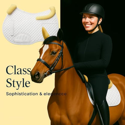 Universal English Saddle Pad with Adjustable Shims, Faux Shearling Trim, Plush Faux Wool, 3D Cooling & Non-Slip Tech. Ideal for Dressage, Jumping & Training. Machine Washable - color: White