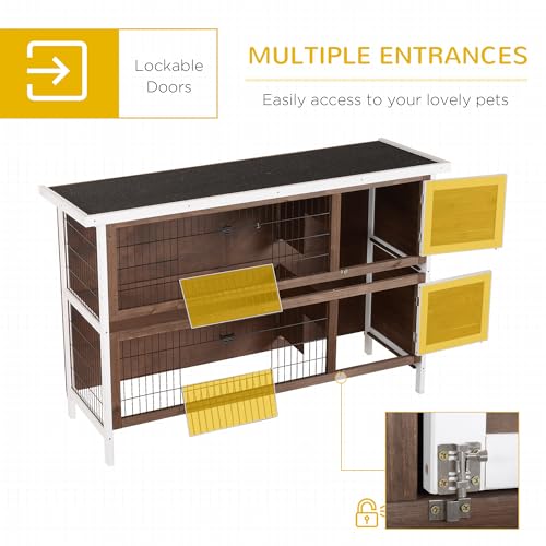 PawHut 54" 2-Story Large Rabbit Hutch Bunny Cage, Lockable Doors Brown - color: Coffee Brown