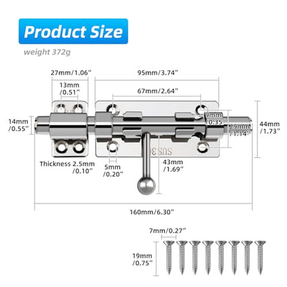 Barrel Bolt Latch, 6.3" Heavy Duty Gate Latch Slide Lock Solid 304 Stainless Steel Bolt Lock for Inside Door, Finished Shed Door Latch (2 Pack, Silver) - color: Silver 6inch