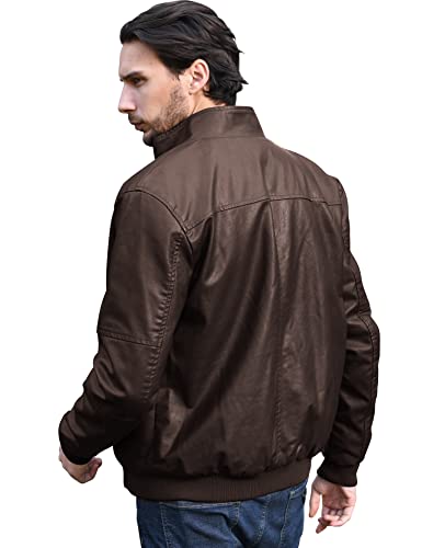 WenVen Men's Stand Collar Fleece Lined Faux Leather Jacket Warm Winter Coat | Bomber Outerwear - color: Brown, size: Medium