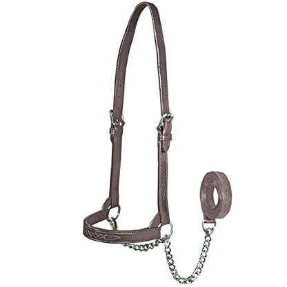 Derby Originals Premium Fancy Stitch Flat Leather Cattle Show Halter – Adjustable Fit with 48" Lead and 14" Chain, Small/Medium/Large – 1-Year Warranty - color: Havana, size: Small (350-700lbs)