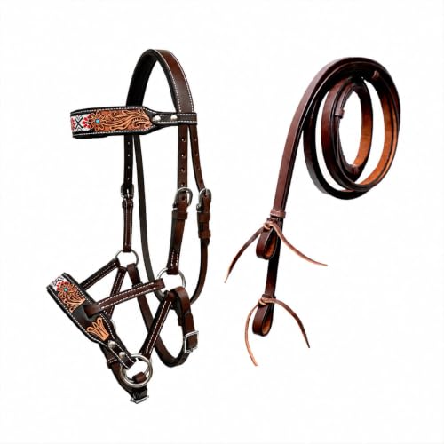 Horse Western Tan Leather Padded Bitless Training Sidepull Bridle Reins - color: Floral Beaded White