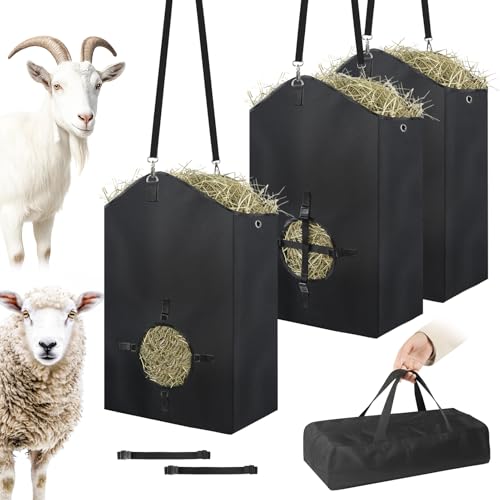 3 Pcs Hay Bags for Goats, 27.5" x 17.5" x 9.8" Hay Feeder, Plastic Buckle - color: 3 Pcs with storage bag