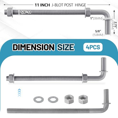 Otooling 4 Pack J-Bolt Gate Hinges, Galvanized Fence Hardware,11" | 5/8"-11 Threaded J-Bolt Hinges with Nuts and Washers, Rust Resistant for Cattle Gates, Fences, Corrals and Farms