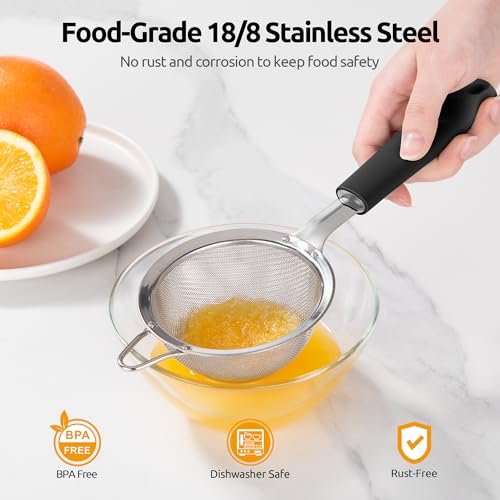 U-Taste Fine Mesh Strainer, 18/8 Stainless Steel Sieve 30 Mesh, S/Black | Tea Coffee Strainer with Silicone Handle, Mini Small Ultra Fine Sieve, Metal Colander for Loose Tea/Juice/Pulp/Matcha/Liquids - color: (2) Black, size: S-3.35in