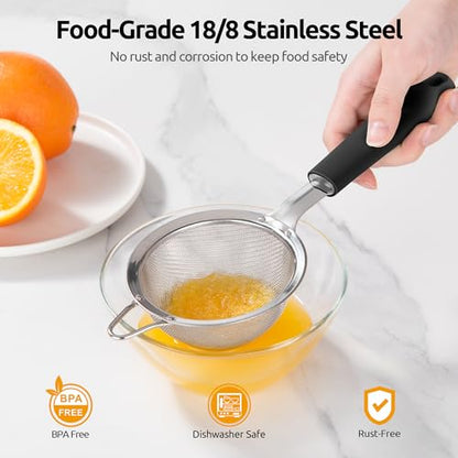 U-Taste Fine Mesh Strainer, 18/8 Stainless Steel Sieve 30 Mesh, S/Black | Tea Coffee Strainer with Silicone Handle, Mini Small Ultra Fine Sieve, Metal Colander for Loose Tea/Juice/Pulp/Matcha/Liquids - color: (2) Black, size: S-3.35in