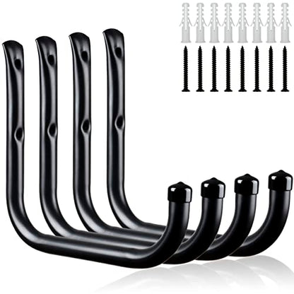 KURUI Wall Hooks for Garage Garden, 4 Pack Water Hose Holder, Large Garage Storage Hanger for Ladder Bike Extension Cord Tool, Wall Mount l Hooks, Black Heavy Duty 8 inch Long Hook - size: 8''-4pcs