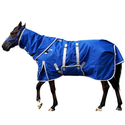 Horse Blanket, 1200D Water Resistant Winter Turnout Blanket, Winter Horse Blanket with Neck Cover and Belly Wrap Medium Weight with 220-Gram Polyester Poly Filling Liner,(155cm-81inch, Blue) - size: 155cm-81inch