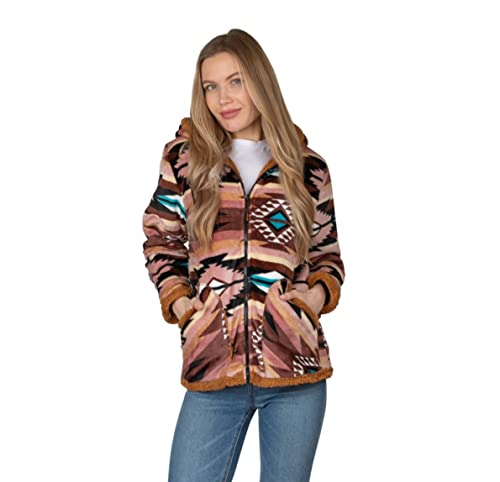 TrailCrest Women's Plush Sherpa Lined Hooded Plaid Zip-Up Jacket - color: Brown Aztec, size: Large