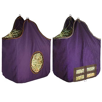 Derby Originals Large 24 OZ Canvas Horse Hay Bag 2 Sided Combo Design X Wide Gusset and 6 Month Warranty - color: Plum/Chocolate