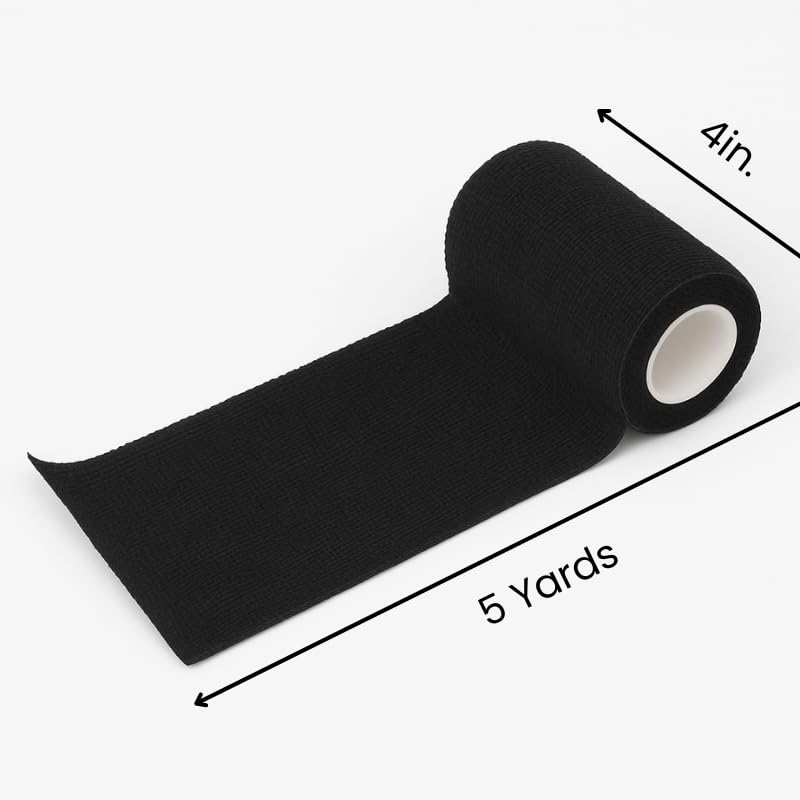 4" Cohesive Flexible Bandage Wrap – Black - Pack of 4 | Self-Adherent Vet Tape for Animal Wrapping, Support & Protection – Non-Slip, Breathable, Flexible Bandage for Livestock - color: Black