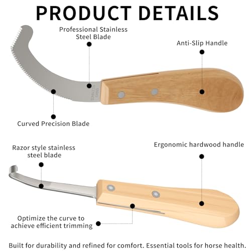 Double Edged Hoof Knife and Bot Egg Knife Set, Stainless Steel Blade with Ergonomic Wooden Handles Professional Equine Care Tools for Horses, Cattle, Goats, and Farm Livestock