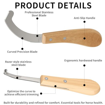 Double Edged Hoof Knife and Bot Egg Knife Set, Stainless Steel Blade with Ergonomic Wooden Handles Professional Equine Care Tools for Horses, Cattle, Goats, and Farm Livestock