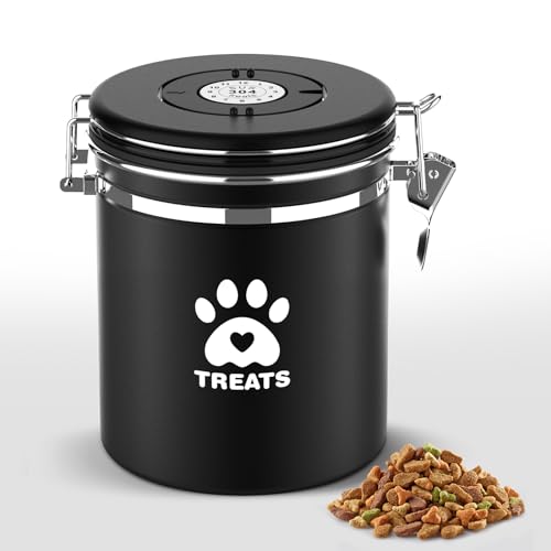 ENONCI Airtight Dog Treat Canister, 304 Stainless Steel Food Storage Jar with Date Dial Black-1.5L - color: Black, size: 1.5l