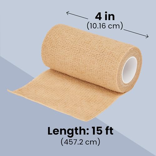 Juvale Cohesive Self-Adhering Elastic Bandage Wrap - Sprain Support & Medical Tape - Vet Wrap for Horses & Horse Leg Support - Sport Tape & Tattoo Bandage - 4 in x 5 yd, Tan, Pack of 6 - size: 4" x 5 Yards