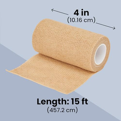 Juvale Cohesive Self-Adhering Elastic Bandage Wrap - Sprain Support & Medical Tape - Vet Wrap for Horses & Horse Leg Support - Sport Tape & Tattoo Bandage - 4 in x 5 yd, Tan, Pack of 6 - size: 4" x 5 Yards