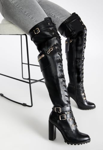 Yishaweiqi Buckle Strap Wide Calf Thigh High Boots for Women Chunky Block High Heel Over The Knee Boots Lace up Riding Combat Boots Ladies Side Zipper Tall Long Boots - color: Black, size: 10