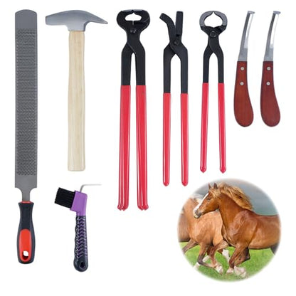 lukar 8PCS Farrier Tools Kit Horse Hoof Trimmers Set | with 16" Horse Hoof Nipper, 13" Horseshoe Cutting Pliers, 14" Hoof Nail Clincher, Hoof Hammer, Hoof Knife, Rasp File, Brush