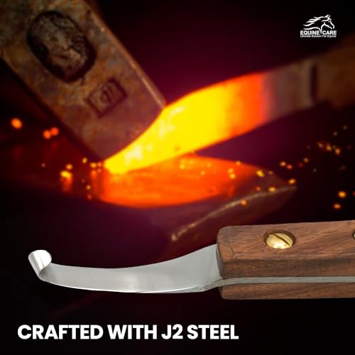 Equine Care Right-Handed Farrier Hoof Knife, Sheesham Wood Handle | Farrier hoof knife with genuine Sheesham wood handle; curved J2 stainless steel blade; brass screws; RH or LH - style: Right Handed