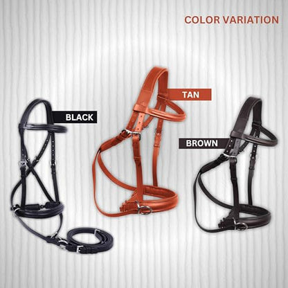 Hulara Genuine English Leather Crossover | Crossunder Bitless Horse Bridle Headstall with Reins - color: Tan, size: Cob