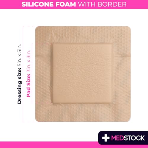 MEDSTOCK Silicone Foam Dressing with Border, 5"x5" (Pack of 5), Wound Care, Super Absorbent, Atraumatic Removal, Five Layers, Waterproof, Seals Wound Edges, No Adhesion Loss - size: 5"x5" (Pack of 5)