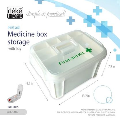 Deke Home - Portable First Aid & Medicine Organizer Box with Handle – Plastic Family Medical Storage Kit for Travel, Car, Home, Camping, Office + Pill Cutter