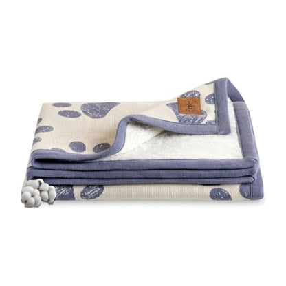 Small Pet Blanket - 100% Organic Cotton, Double Layer Plush Sherpa, Soft Plush, Blue Paw Jacquard Knit, 30"x40", Small Dog Blanket, Ideal Cat Blanket - Soft and Warm - color: Blue