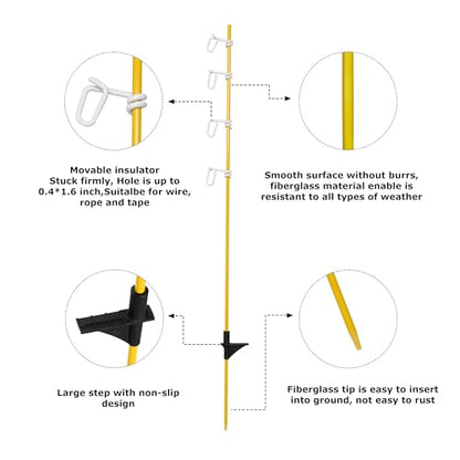 45.3 in Electric Fence Posts, Fiberglass Fence Posts with Adjustable 4 Pigtail insulators Hold Poly Wire Rope and 40mm Tape, for Temporary Electric Fencing, Farm Livestock, Garden-50pcs