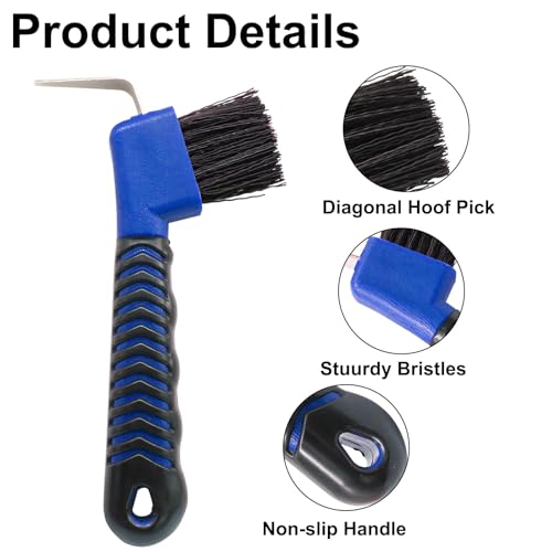 Hoof Pick Brushes, Soft Touch Rubber Handle Portable Hoofpick, Stiff Hoof Pick for Horse Care, Groomers (Blue) - color: Blue