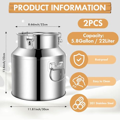 FillTouch 2 Pcs Stainless Steel Milk Can 22L with Sealed Lid for Storage - size: 22l