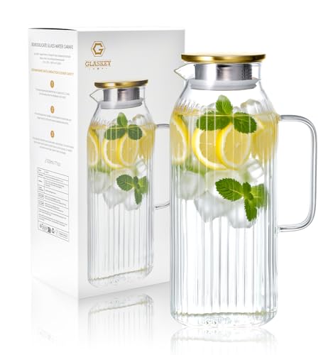 GLASKEY 2.1 Liter 71oz Square Glass Pitcher with Lid, Classic Stripes Water Pitchers with Handle for Fridge, Leak Proof Juice Jug, Borosilicate Glass Carafe for Hot/Cold Brew Drink - size: 71 Ounces