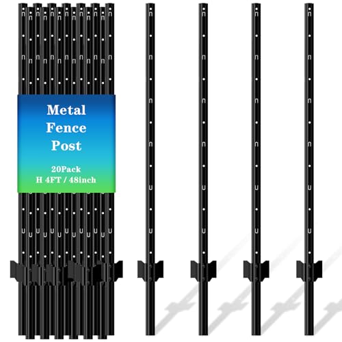 20 Pack Metal Fence Post, 4FT Heavy Duty U-Post for Wire Fence, No Dig T Posts Garden Fencing Stakes for Temporary Fencing, Electric Fence Wire, Corner Anchor - size: 4FT-20P