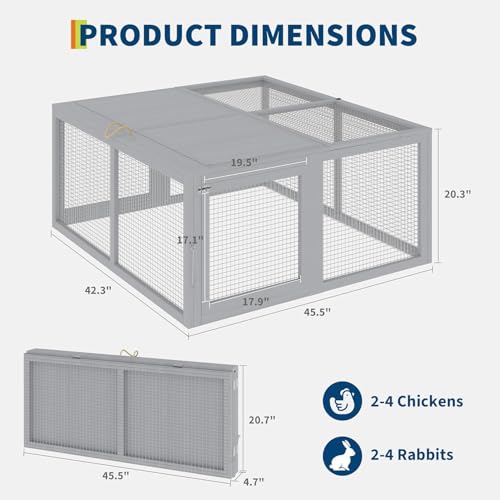 Folding Chicken Coop Run Rabbit Hutch, Portable Wooden Chicken Cage Pens, Small Animal Playpen with Top & Side Opening Doors, No Assembly for Indoor/Outdoor Small Animals & Poultry, Gray