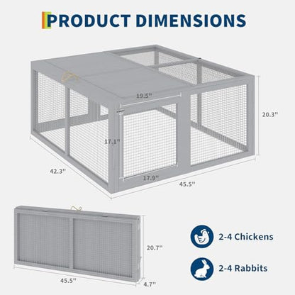 Folding Chicken Coop Run Rabbit Hutch, Portable Wooden Chicken Cage Pens, Small Animal Playpen with Top & Side Opening Doors, No Assembly for Indoor/Outdoor Small Animals & Poultry, Gray