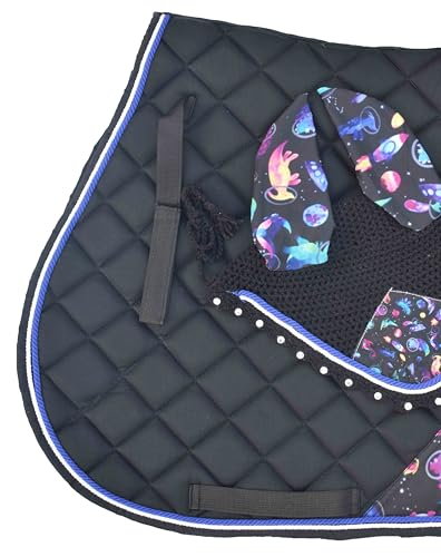 Dinasour Print Saddle Pad Set with Matching Ear Bonnet – Animal Print Horse Riding Gear – Non-Slip & Breathable – Western/English Show